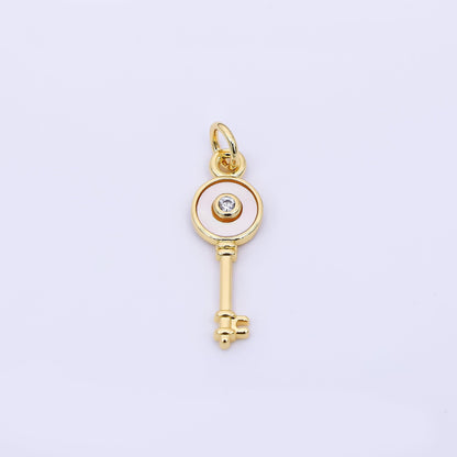 24K Gold Filled 21mm CZ Shell Pearl Round Key Charm | AH563