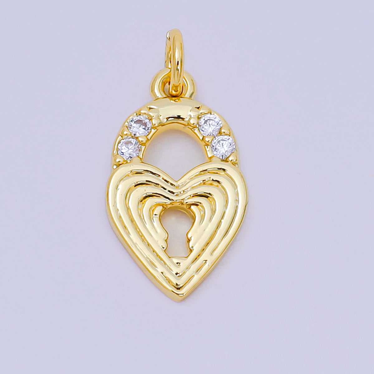 24K Gold Filled 18mm Micro Paved CZ Ribbed Heart Love Padlock Charm | AH641