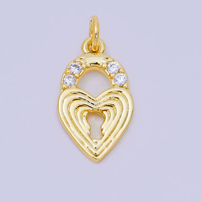24K Gold Filled 18mm Micro Paved CZ Ribbed Heart Love Padlock Charm | AH641
