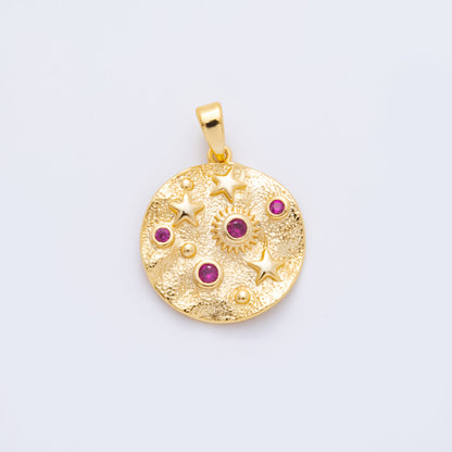 18K Gold Filled 25mm Fuchsia CZ Celestial Star Textured Foil Round Charm | AH816