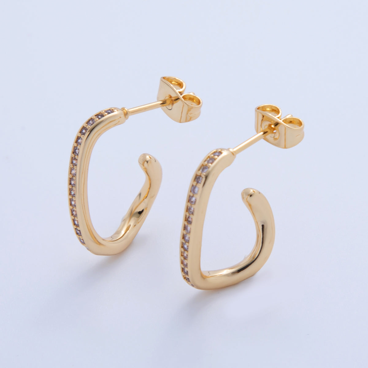 18K Gold Filled 20mm Micro Paved CZ Twist Abstract C-Shaped Hoop Earrings | AI380