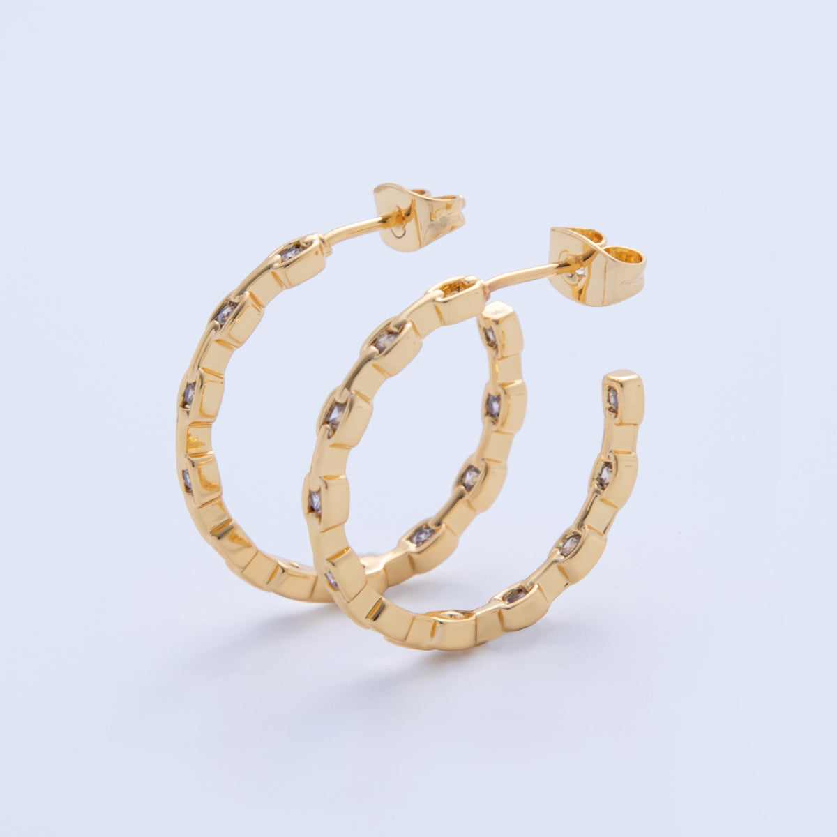 18K Gold Filled Micro Paved CZ Curb Link Chain C-Shaped Hoop Earrings | AI403