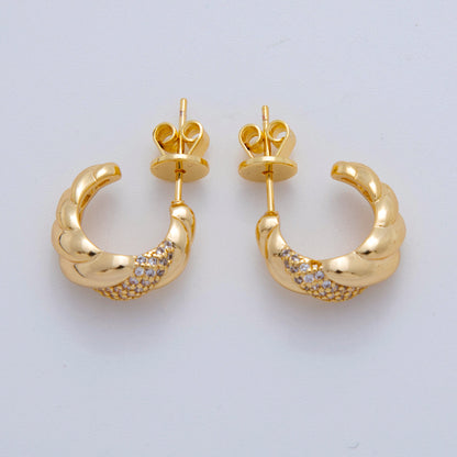 18K Gold Filled Micro Paved CZ Croissant C-Shaped Hoop Earrings in Gold and Silver | AI411 AJ152