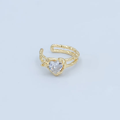 24K Gold Filled Clear CZ Heart Molten Hammered Ear Cuff Earrings | AI052