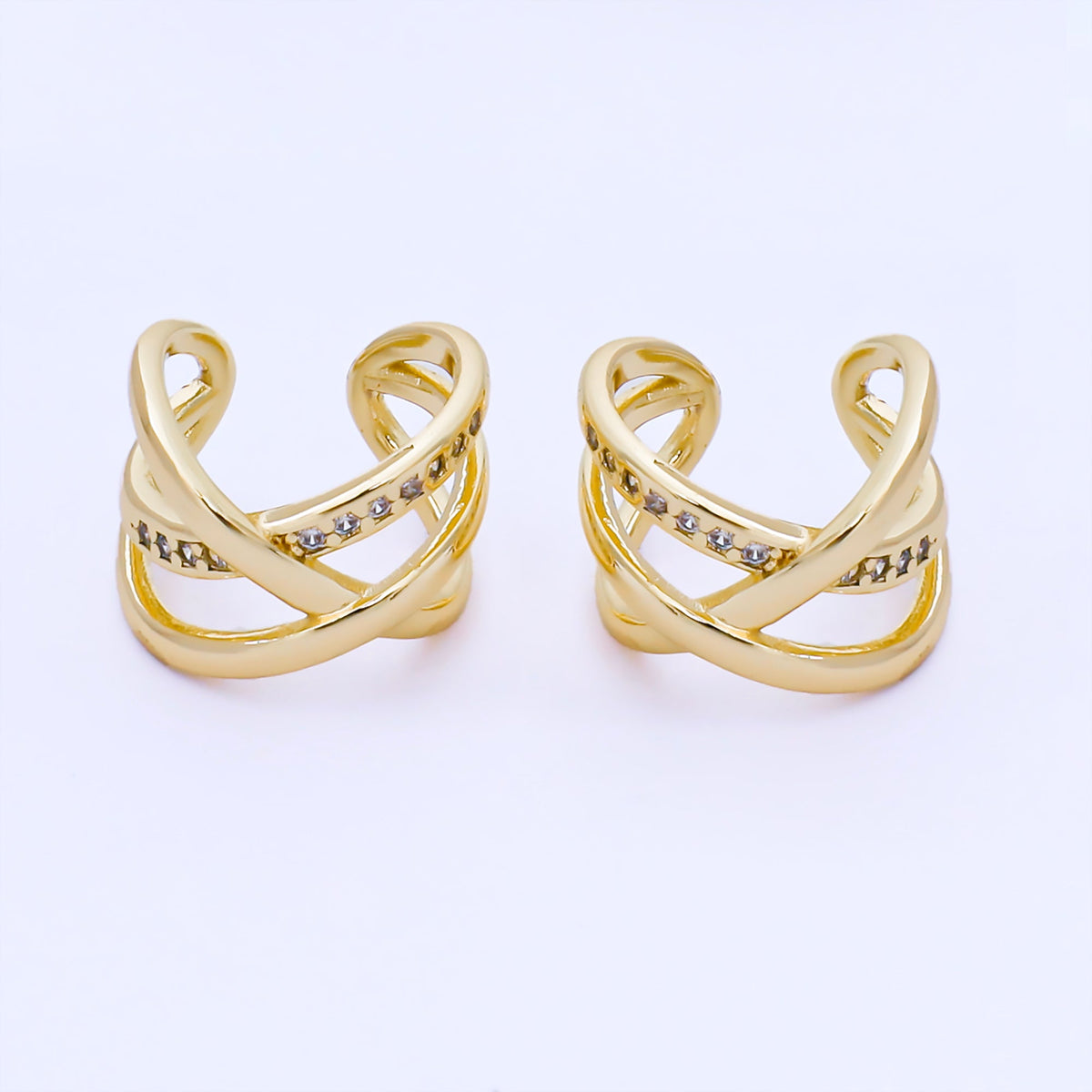 24K Gold Filled 14mm Micro Paved CZ Crossed Multiple Band Ear Cuff Earrings | AI186