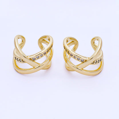 24K Gold Filled 14mm Micro Paved CZ Crossed Multiple Band Ear Cuff Earrings | AI186