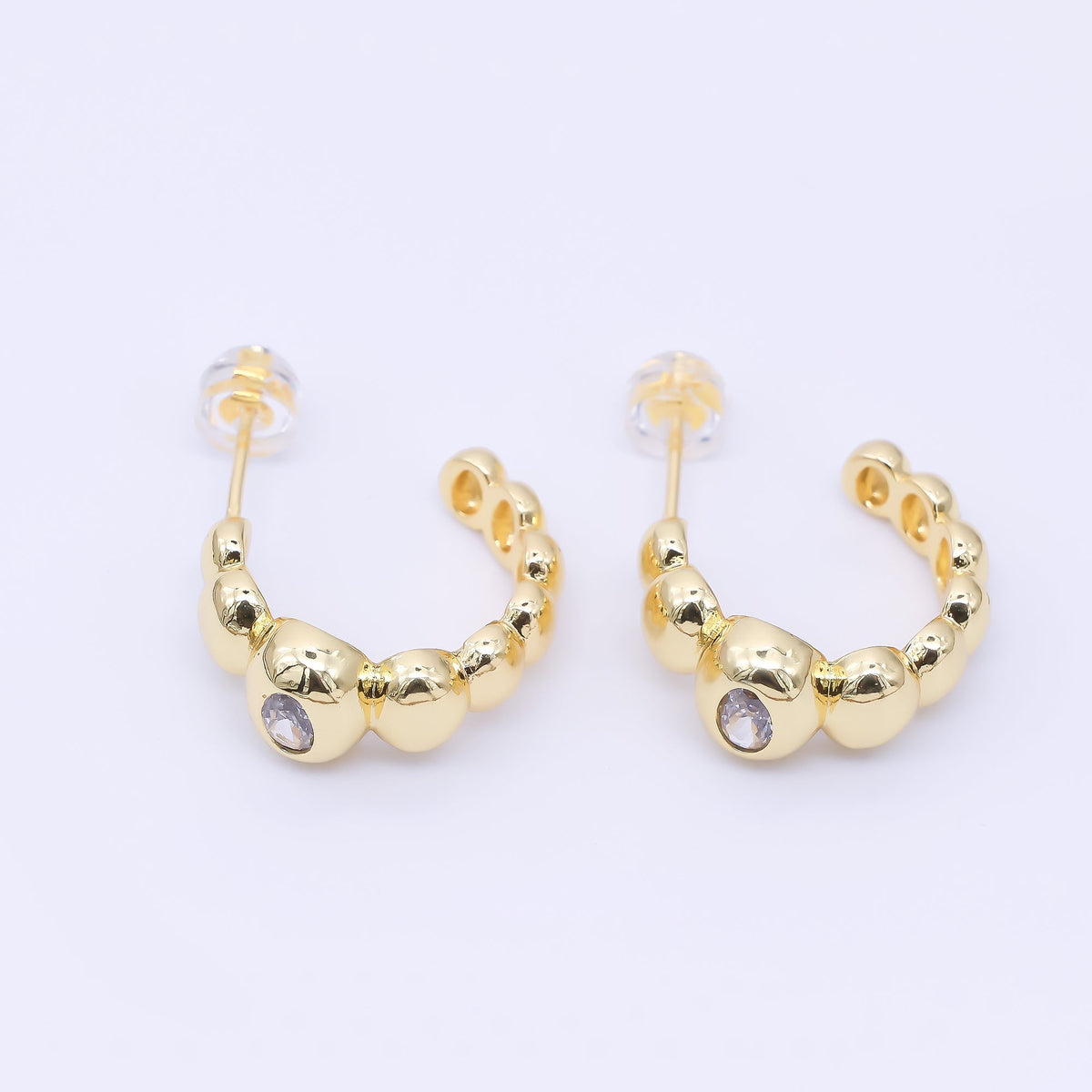 24K Gold Filled 18mm CZ Oval Beaded Bubble C-Shaped Hoop Earrings | AI469