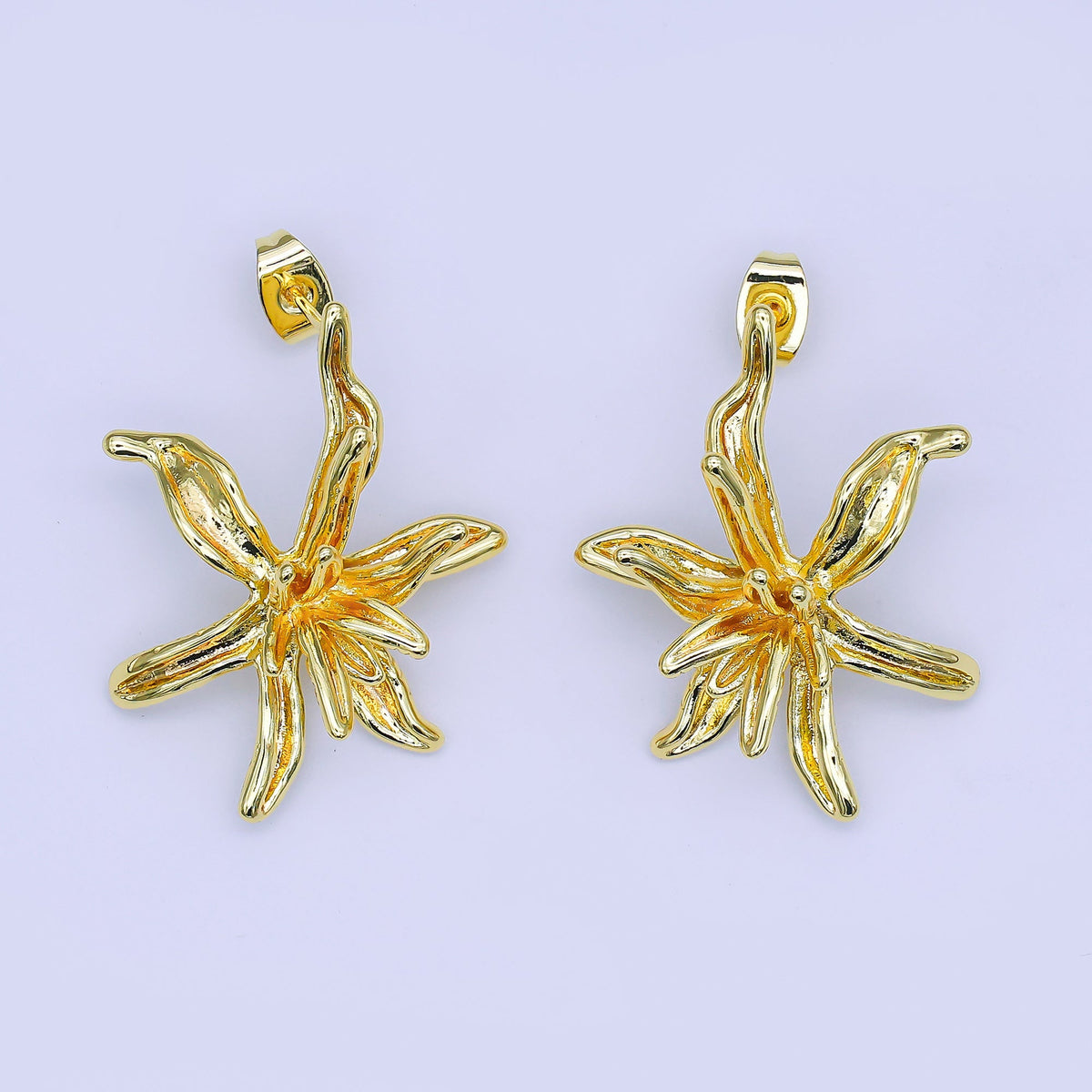 24K Gold Filled 32mm Molten Wild Lily Flower Drop Stud Earrings | AI513