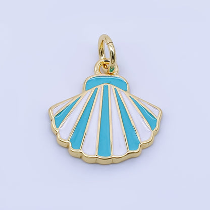 24K Gold Filled 14mm Blue, Purple, Pink, Light Blue Striped Enamel Sea Shell Charm | AJ429 - AJ430
