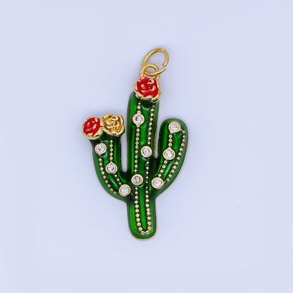 24K Gold Filled 27mm Clear CZ Dotted Enamel Red Flower Cactus Plant Charm | AJ433 AJ434