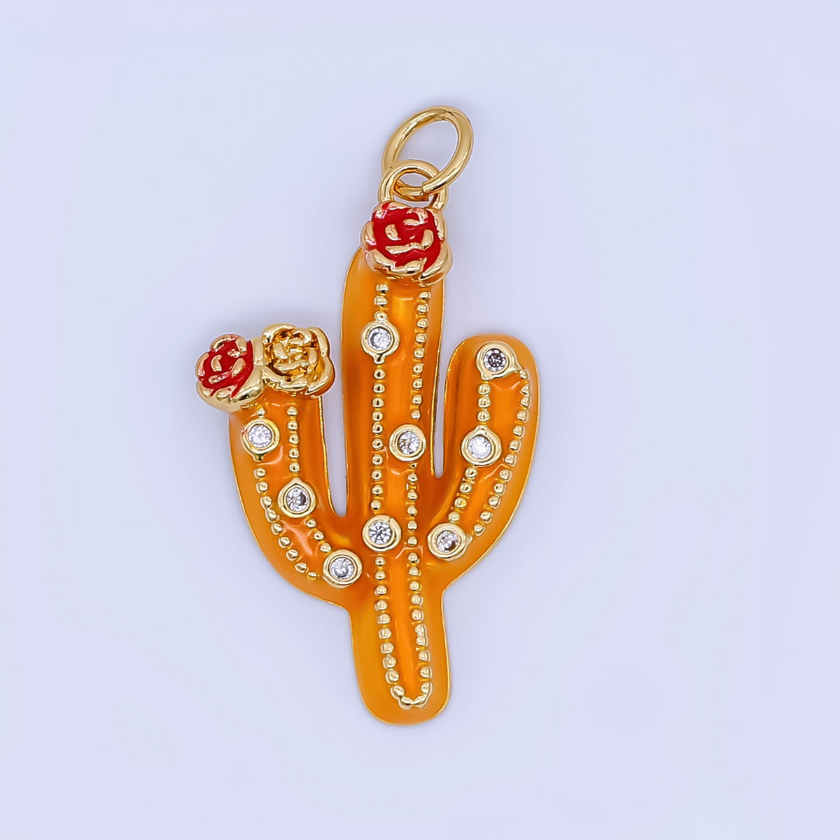 24K Gold Filled 27mm Clear CZ Dotted Enamel Red Flower Cactus Plant Charm | AJ433 AJ434