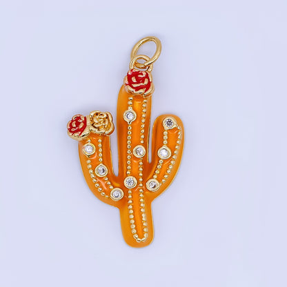 24K Gold Filled 27mm Clear CZ Dotted Enamel Red Flower Cactus Plant Charm | AJ433 AJ434
