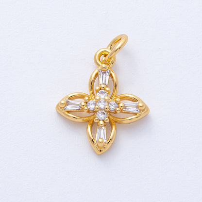 18K Gold Filled 16mm Clear Baguette Micro Paved CZ Clover Flower Open Charm | AK176