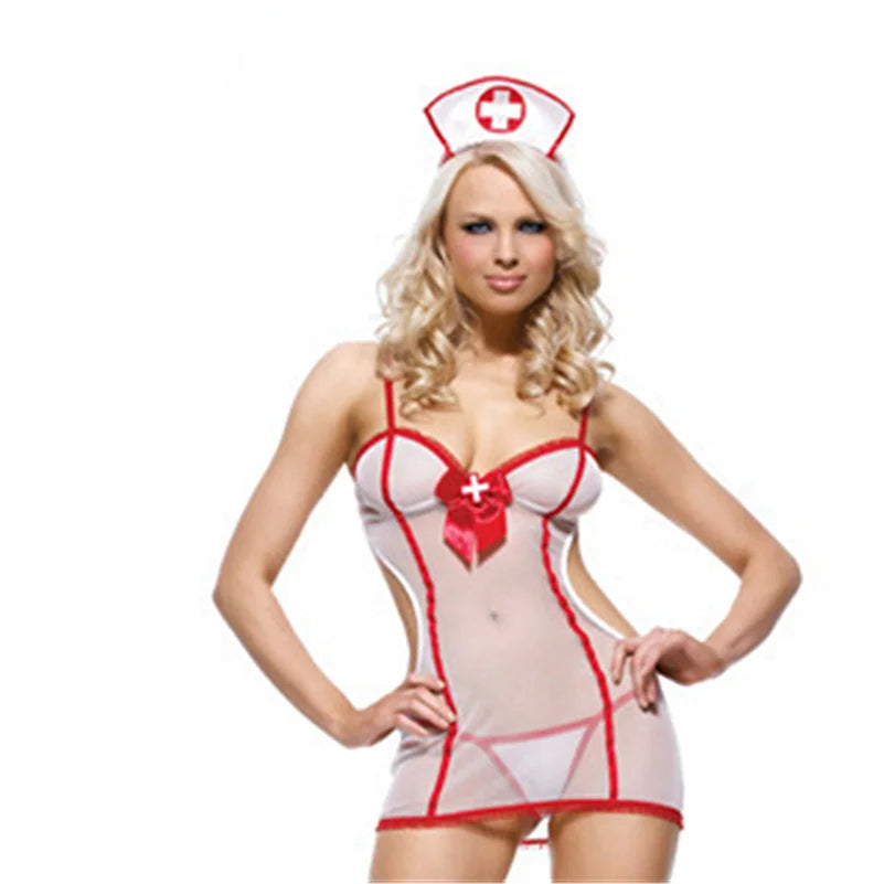 Sexy Sheer Mesh Naughty Nurse Role Play Costume – Color Block Cami Dress, Thong &amp; Hat for Women, Perfect for Intimate Nights