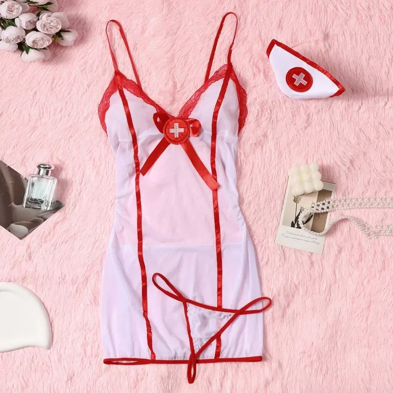 Sexy Sheer Mesh Naughty Nurse Role Play Costume – Color Block Cami Dress, Thong &amp; Hat for Women, Perfect for Intimate Nights