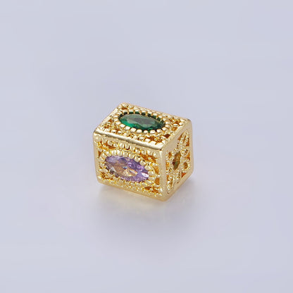 14K Gold Filled 8mm Multicolor Oval CZ Flower Filigree Rectangular Bead | B883