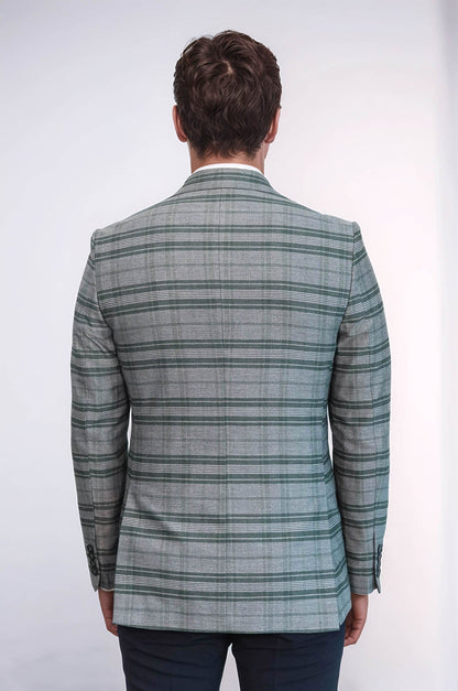 Checked Slim Fit Single Button Green Men Blazer - Wessi