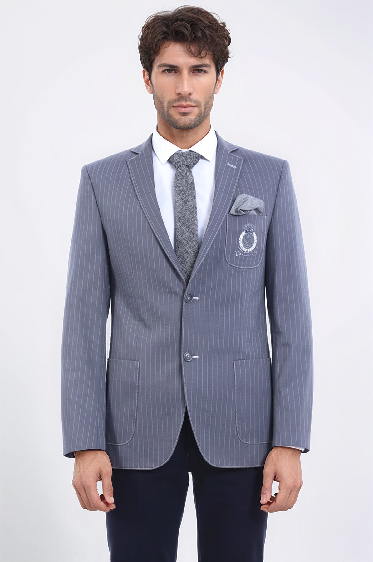 Striped Single Slit Crested Bag Pocket Grey Jacket-Wessi