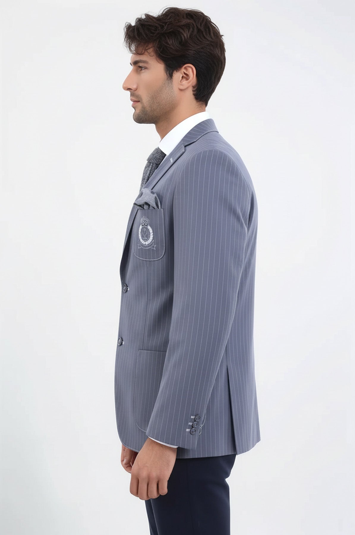 Striped Single Slit Crested Bag Pocket Grey Jacket-Wessi