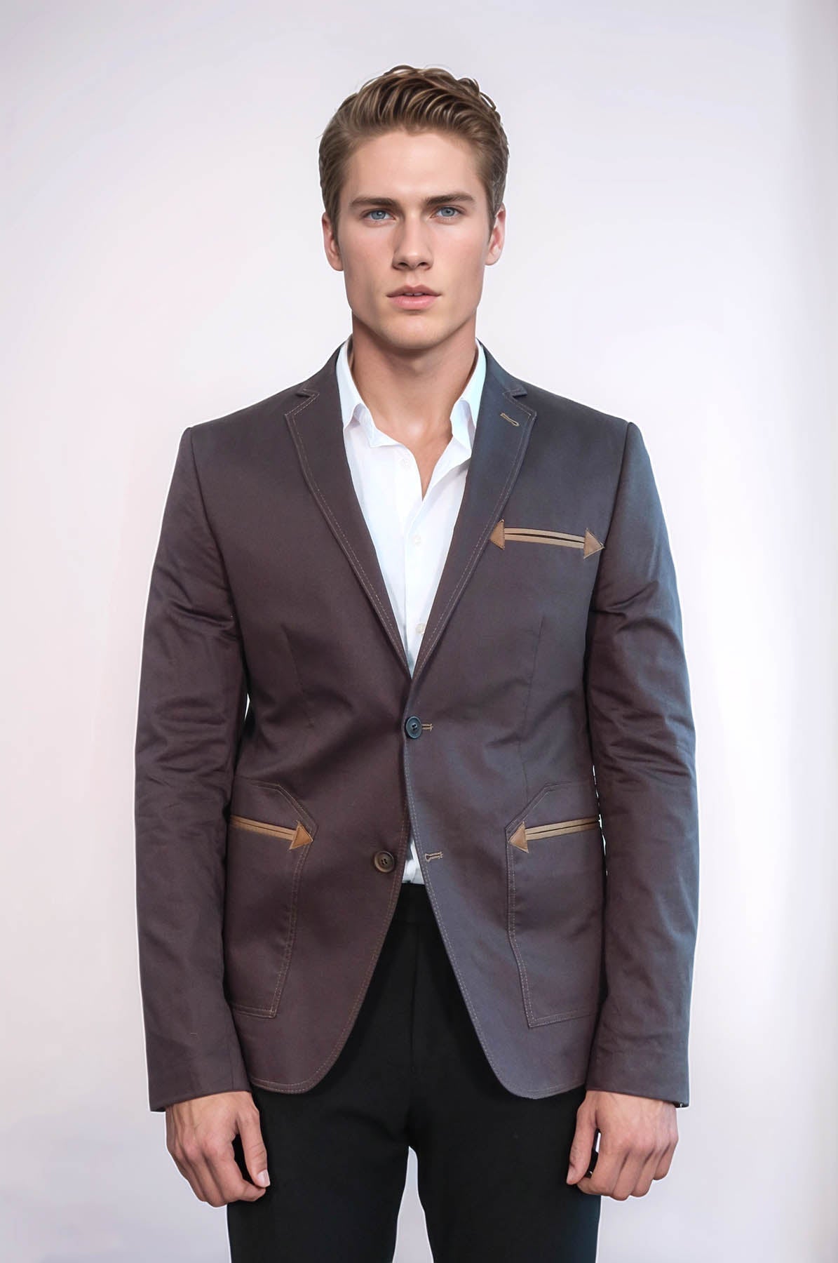 Double Button Mono Lapel Bag Pocket Cotton Brown Jacket-Wessi