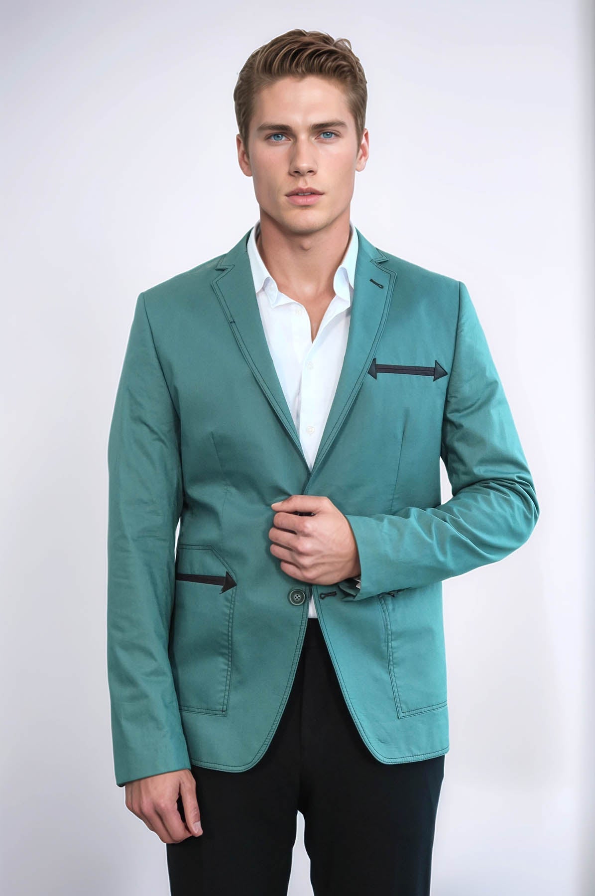 Double Button Mono Lapel Bag Pocket Cotton Green Jacket-Wessi