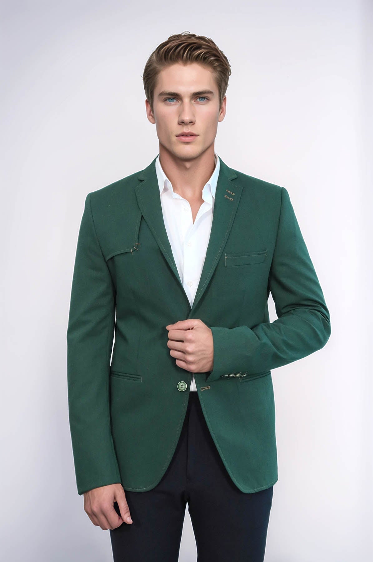 Double Buttons Shoulder Piece Mono Lapel Green Jacket-Wessi