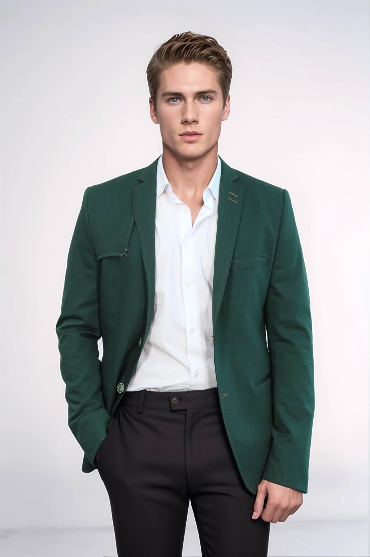 Double Buttons Shoulder Piece Mono Lapel Green Jacket-Wessi