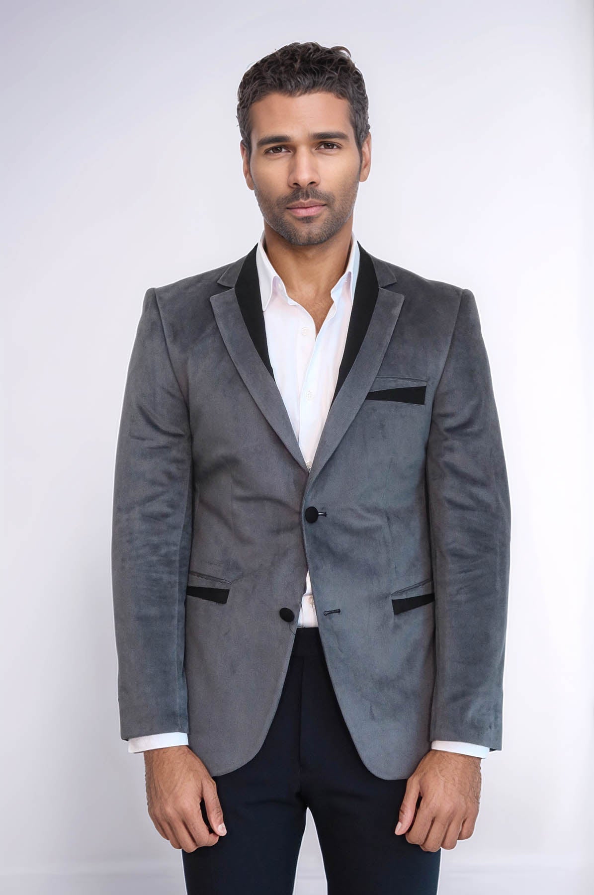 2 Buttons Pocket Piping Velvet Grey Jacket