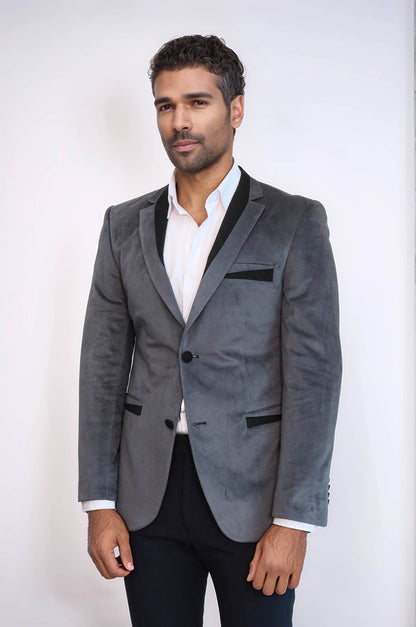 2 Buttons Pocket Piping Velvet Grey Jacket