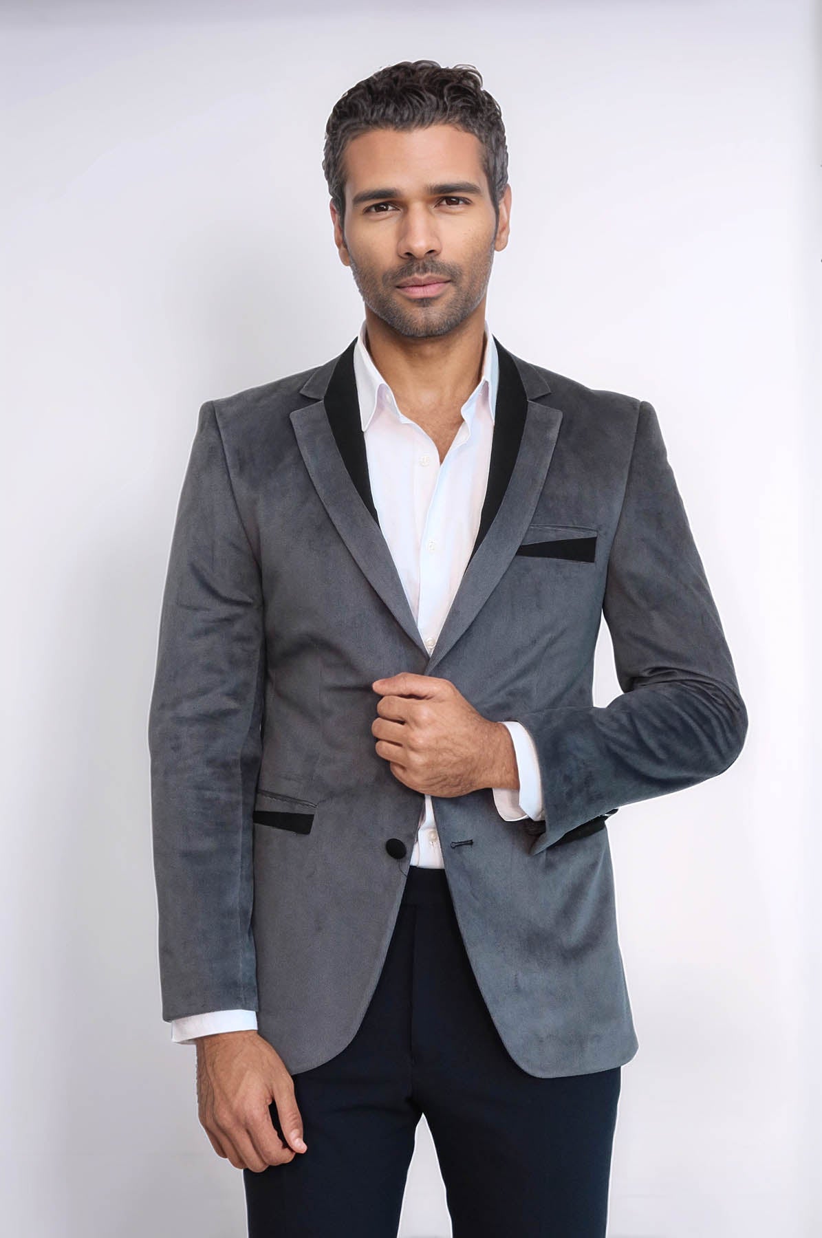 2 Buttons Pocket Piping Velvet Grey Jacket