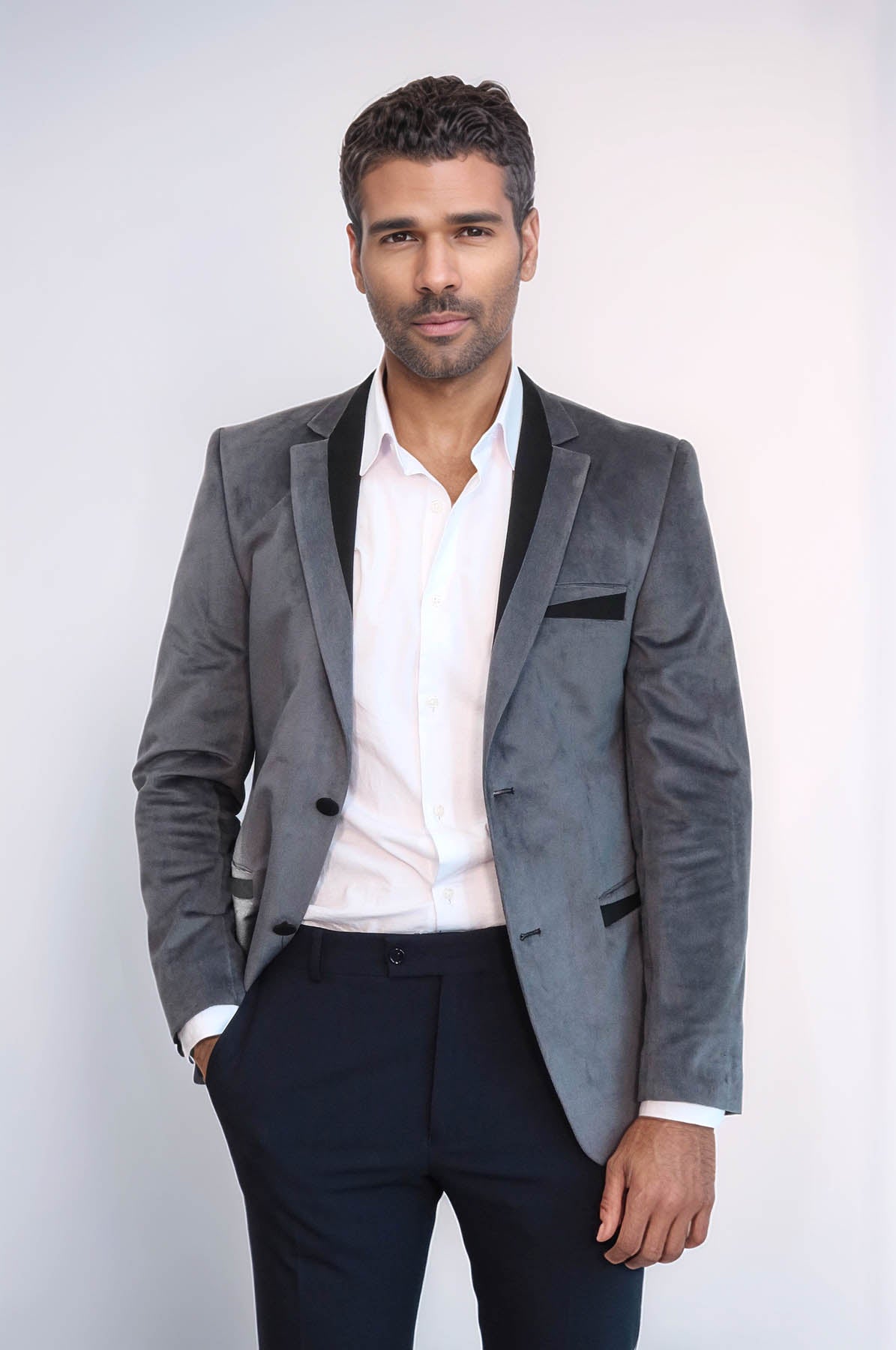2 Buttons Pocket Piping Velvet Grey Jacket