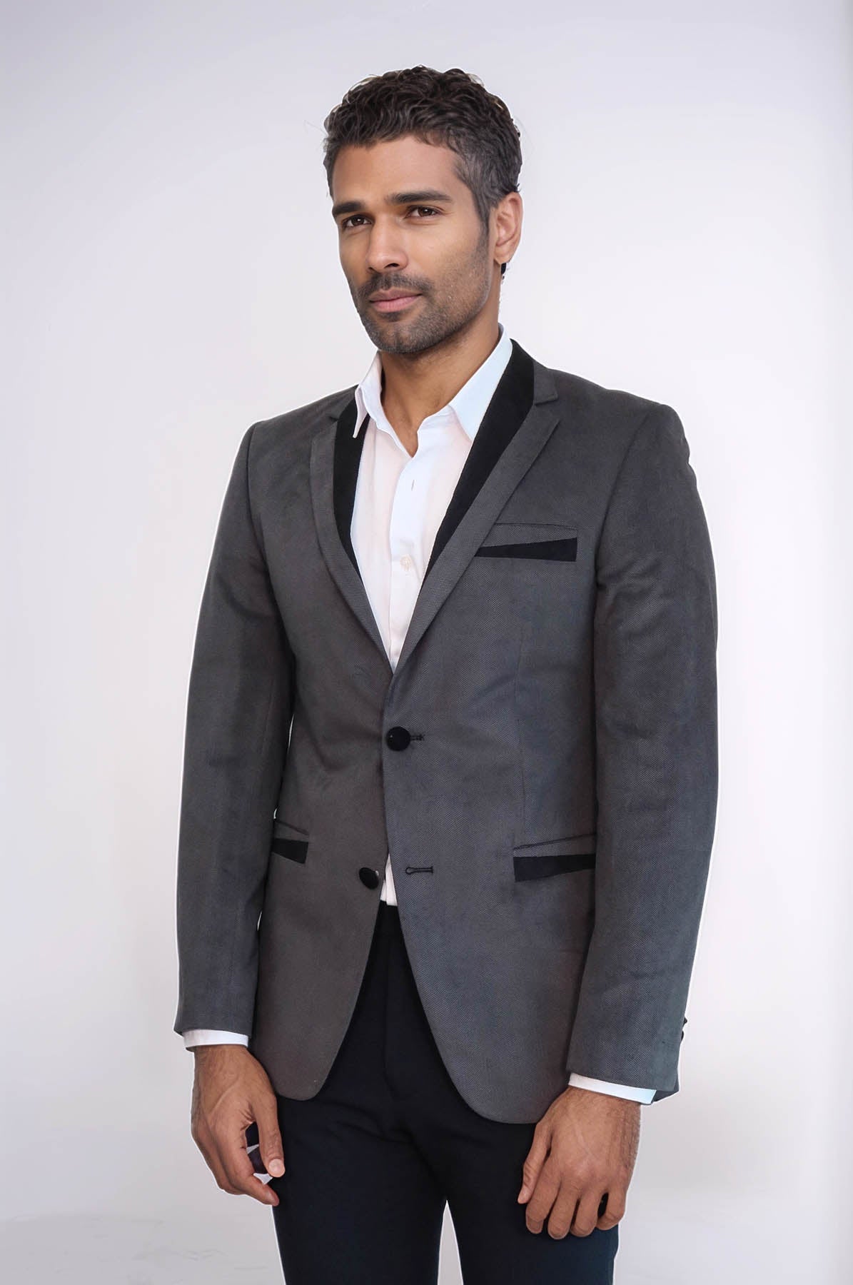 2 Buttons Pocket Piping Velvet Grey Jacket