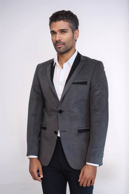 2 Buttons Pocket Piping Velvet Grey Jacket