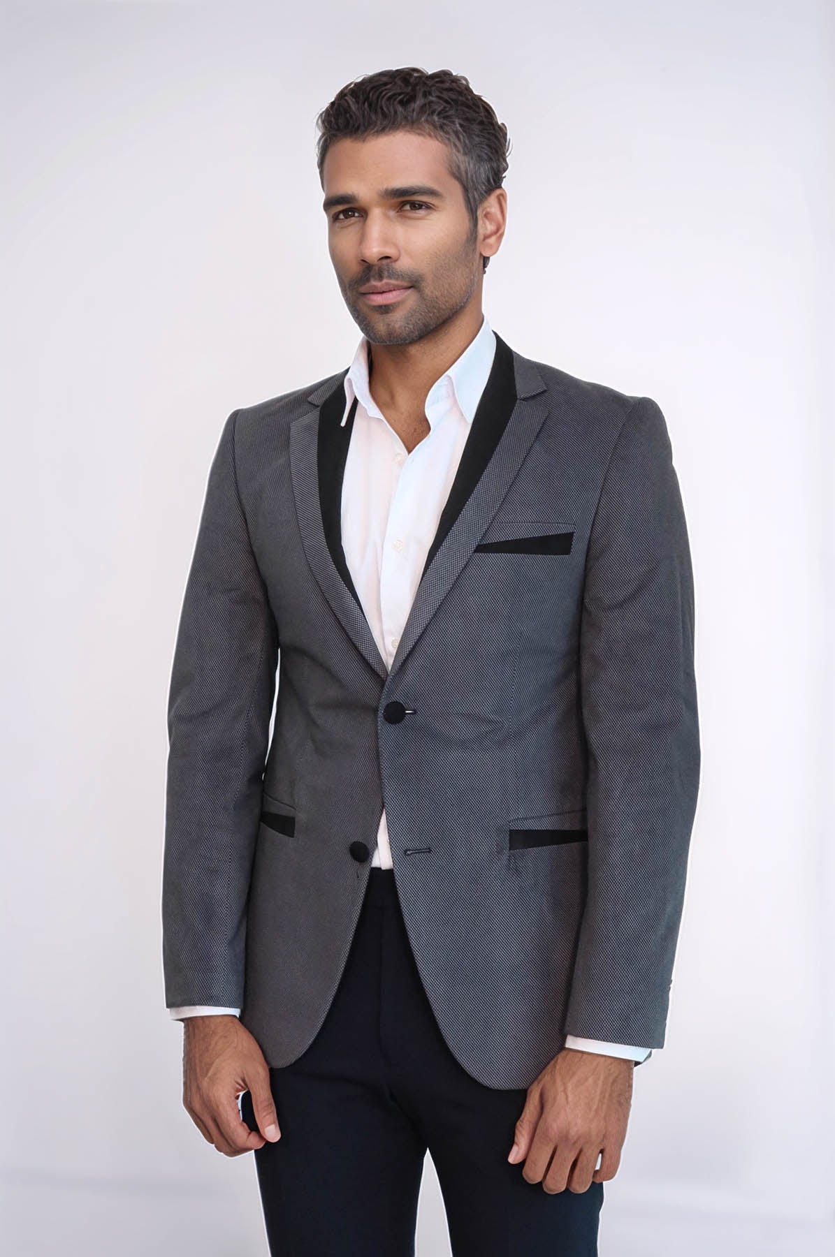 2 Buttons Pocket Piping Velvet Grey Jacket