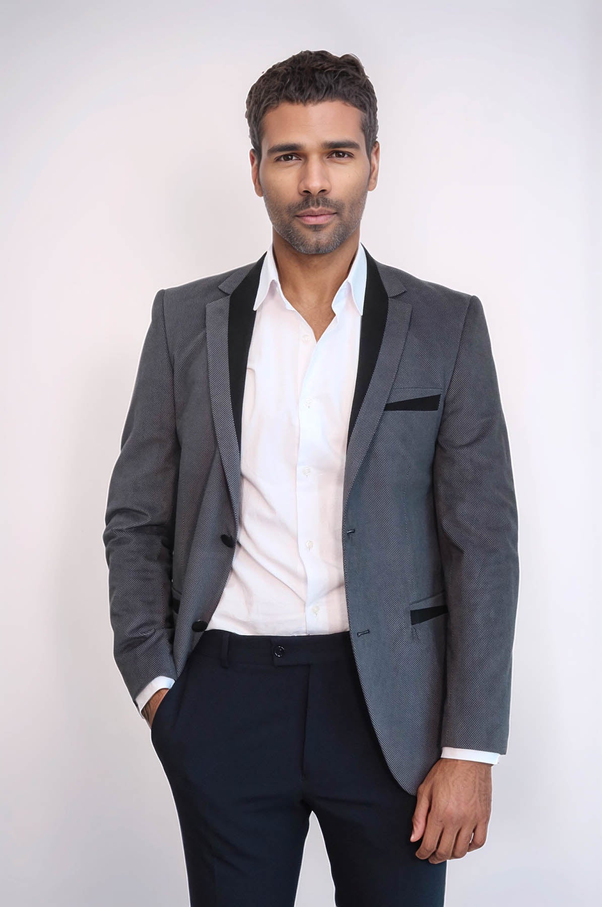 2 Buttons Pocket Piping Velvet Grey Jacket