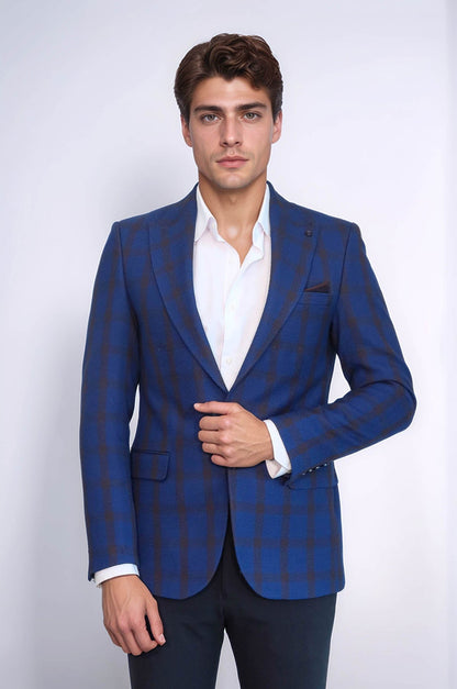 Double Breasted Pointed Collar Plaid Bast Blue Jacket-Wessi