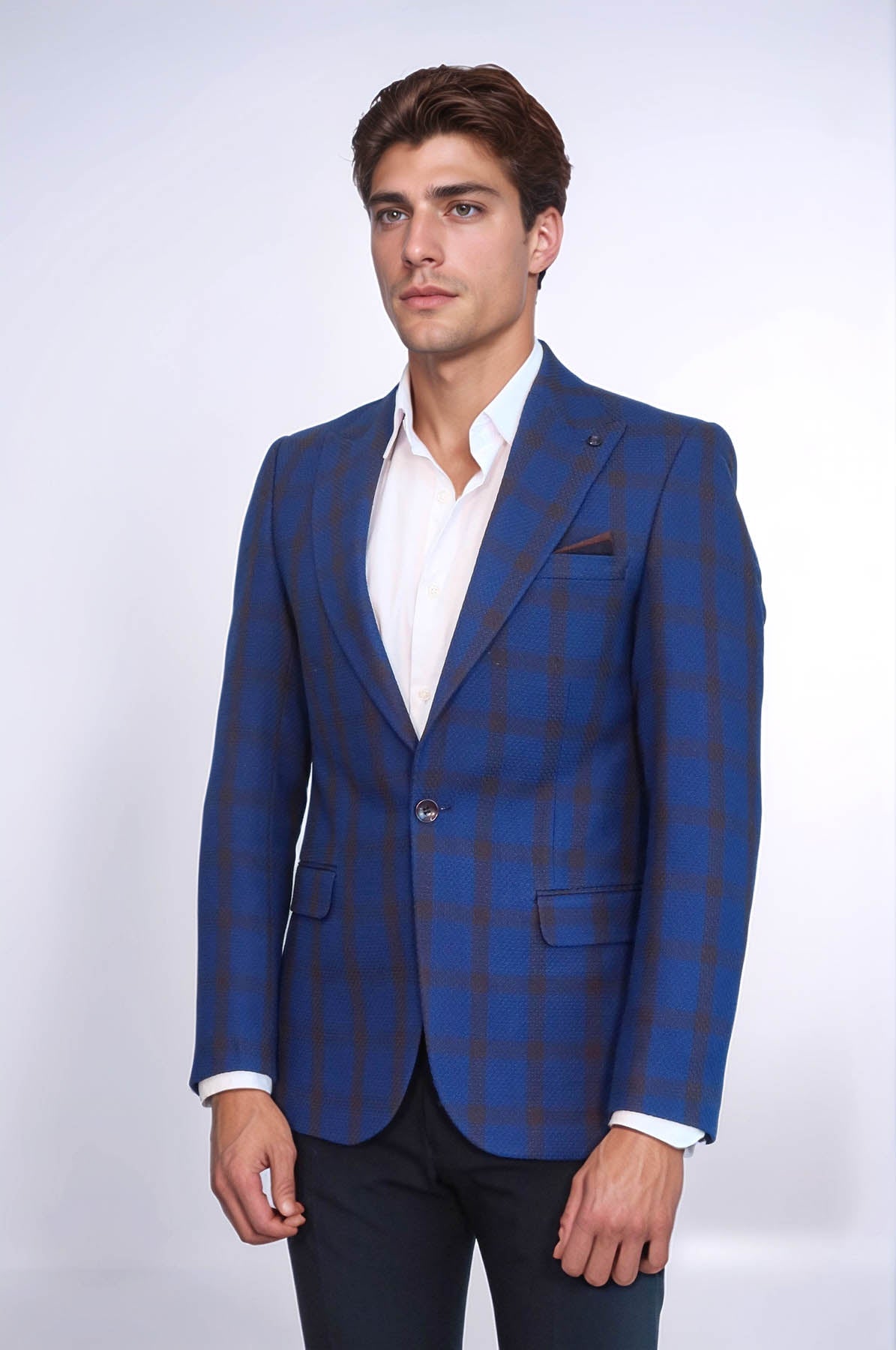 Double Breasted Pointed Collar Plaid Bast Blue Jacket-Wessi