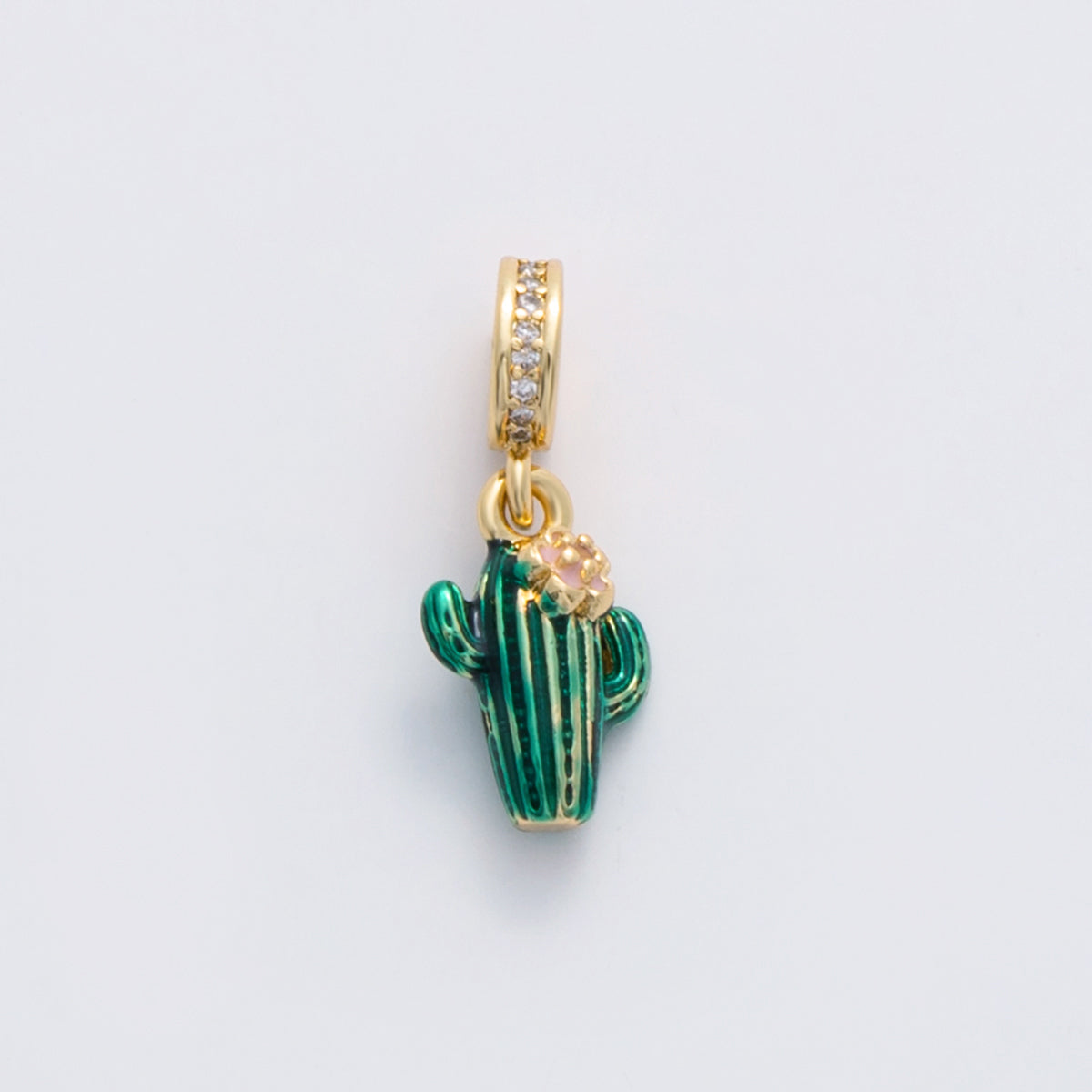 18K Gold Filled 23.5mm Cactus Flower Micro Paved CZ Enamel Drop Rondelle Pendant | C102