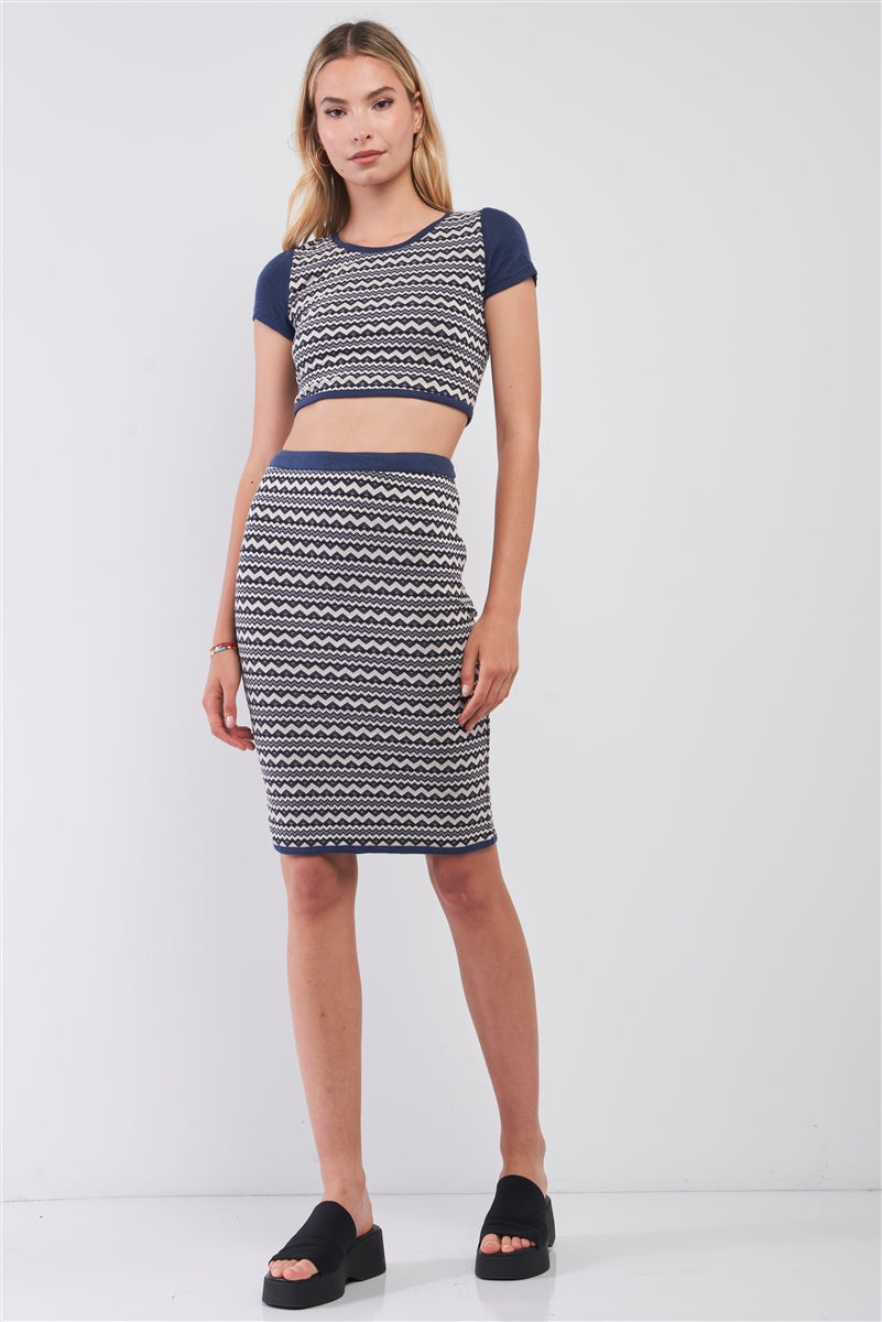 Navy &amp; White Geometrical Pattern Short Sleeve Crop Top &amp; High-waisted Pencil Skirt Two Piece Set