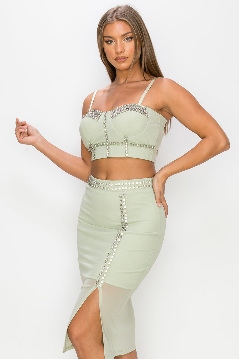Studded Stone Cami Top &amp; Slit Mini Skirts Set