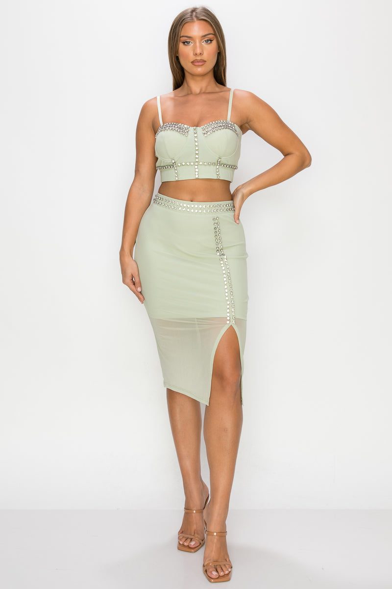Studded Stone Cami Top &amp; Slit Mini Skirts Set