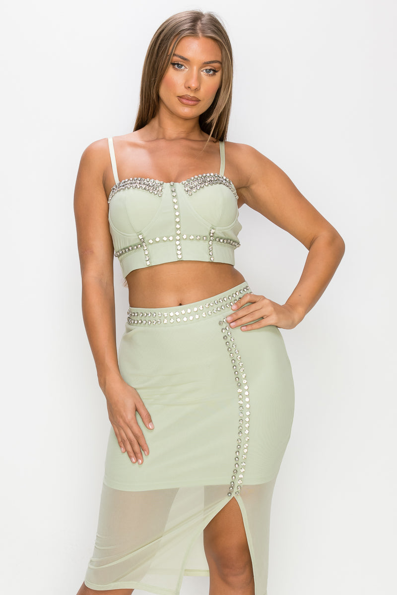 Studded Stone Cami Top &amp; Slit Mini Skirts Set