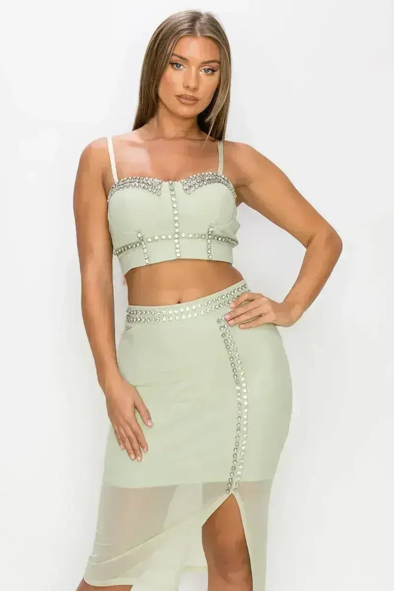 Studded Stone Cami Top &amp; Slit Mini Skirts Set