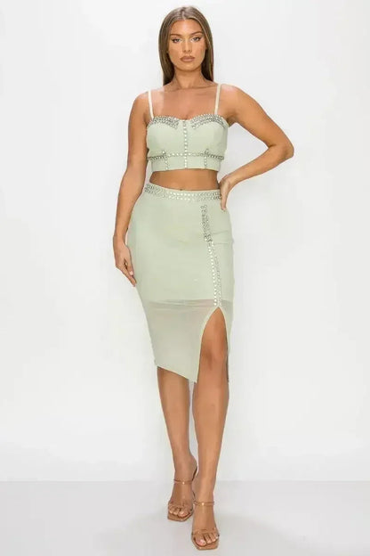 Studded Stone Cami Top &amp; Slit Mini Skirts Set