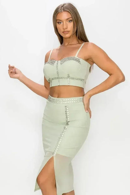 Studded Stone Cami Top &amp; Slit Mini Skirts Set