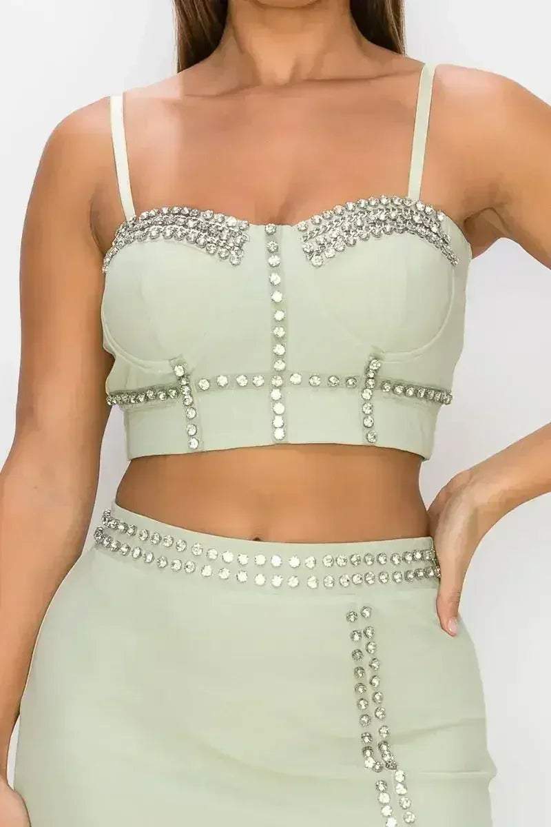 Studded Stone Cami Top &amp; Slit Mini Skirts Set