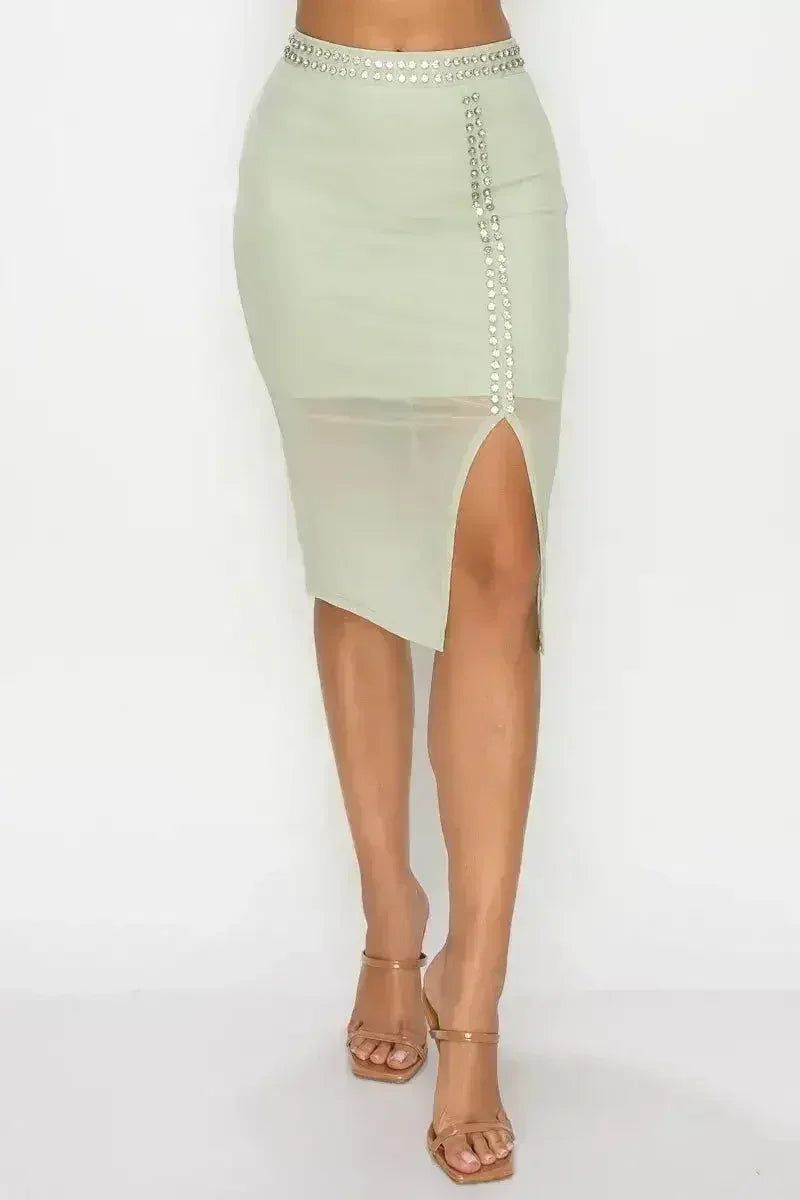 Studded Stone Cami Top &amp; Slit Mini Skirts Set