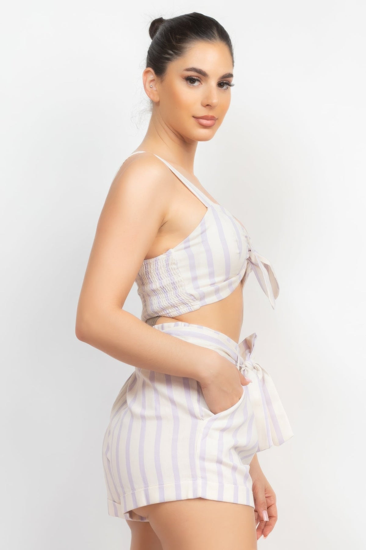 Tie-front Striped Crop Top &amp; Belted Shorts Set
