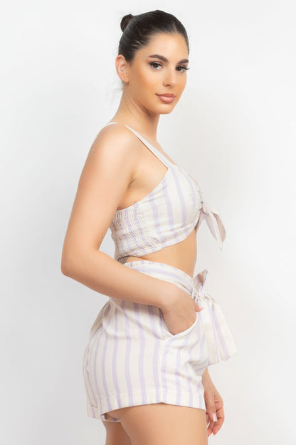 Tie-front Striped Crop Top &amp; Belted Shorts Set