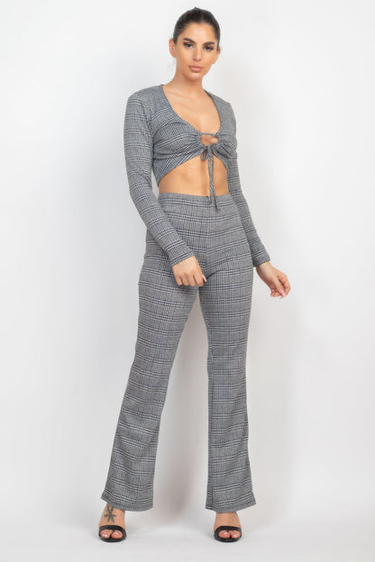 Plaid Cut-out Long Sleeve Top &amp; Pants Set